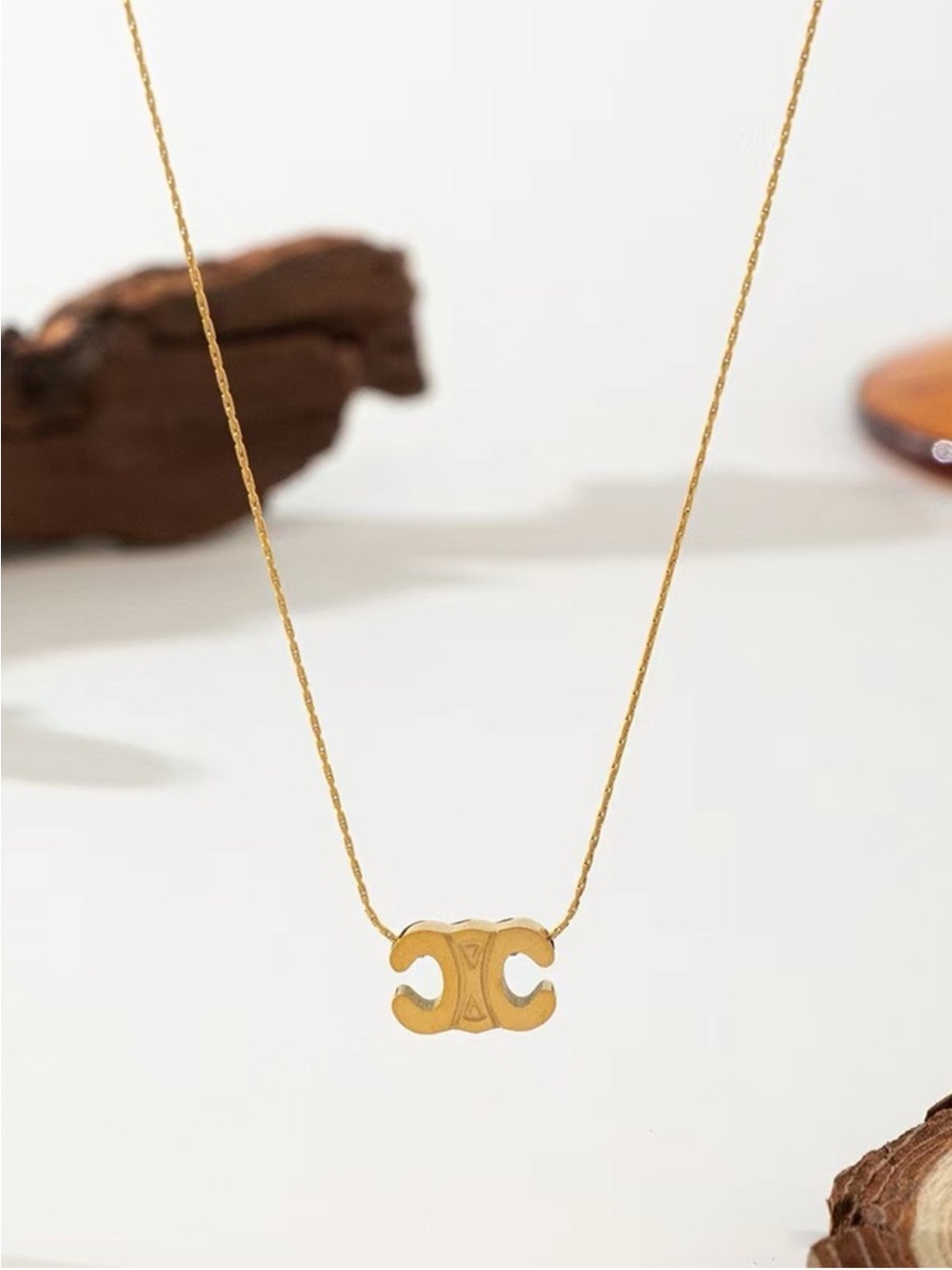 Gold Plated Triomphe Logo Pendant Necklace